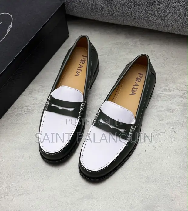 Prada Black and White Two-Tone Leather Penny Loafers - 1