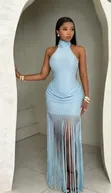 100K Elegant Light-Blue Halter Maxi Dress - 1