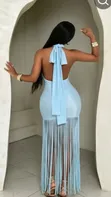 100K Elegant Light-Blue Halter Maxi Dress - 2