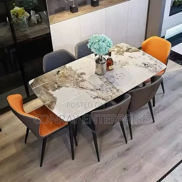 Modern Six-Seater Dining Set - White & Brown Marble Stone Top - 1
