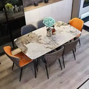 Modern Six-Seater Dining Set - White & Brown Marble Stone Top