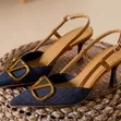 Ladies Denim Blue Kitten Sandals Pumps Slingback Casual Heels - 2