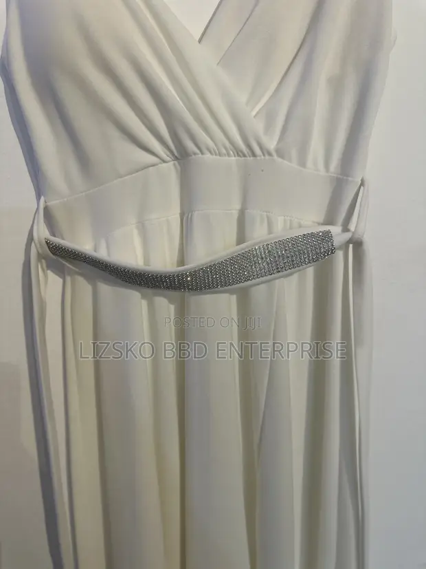 White V-Neck Wrap Maxi Dress with Rhinestone Belt - 1
