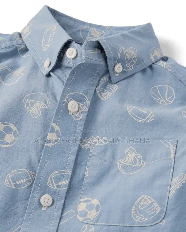 Boys Doodle Poplin Button Up Shirt - Blue - 1