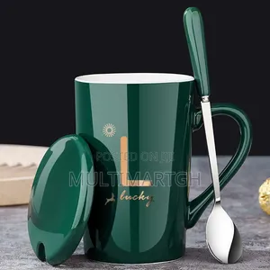 Ceramic Mug with Lid and Spoon - Green
