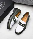Prada Leather Penny Loafers - Olive Green & White - 1