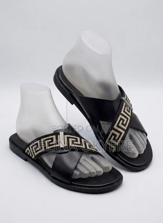 Stylish Men's Leather Cross-Strap Greek Key Sandals - 1