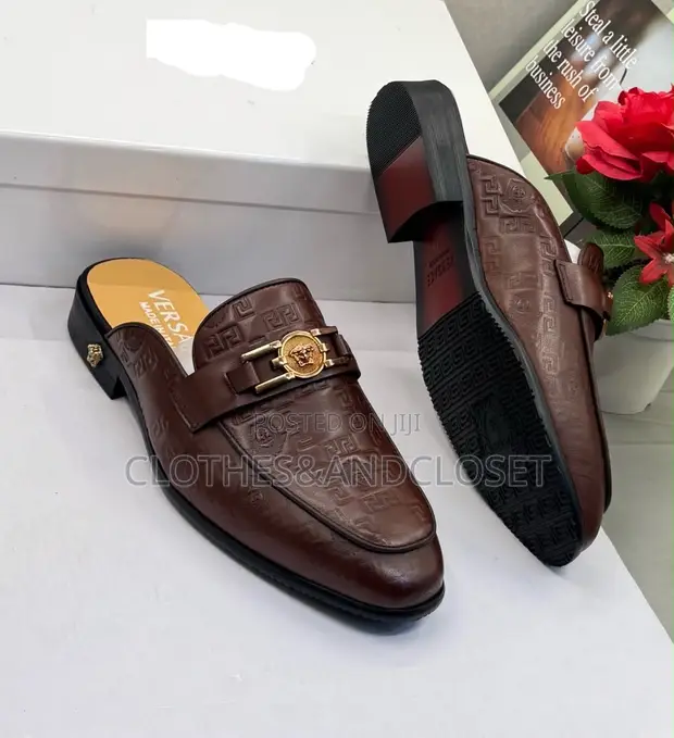 Boss Men's Brown Embossed Leather Mule Half-Shoes with Gold Medusa Buckle - 1