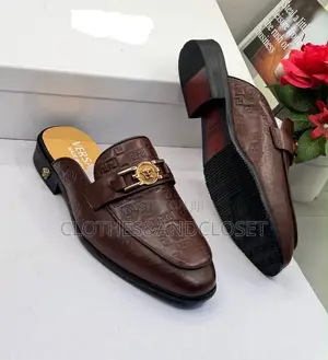 Boss Men's Brown Embossed Leather Mule Half-Shoes with Gold Medusa Buckle