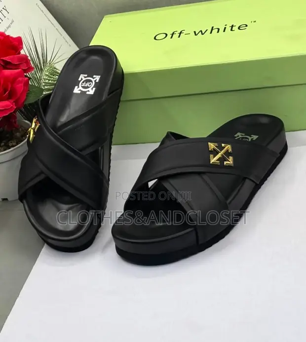 Off-White Black Leather Criss-Cross Slide Sandals - 1
