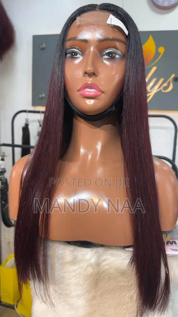 20' Bone Straight Burgundy Wig With Dark Roots - 1