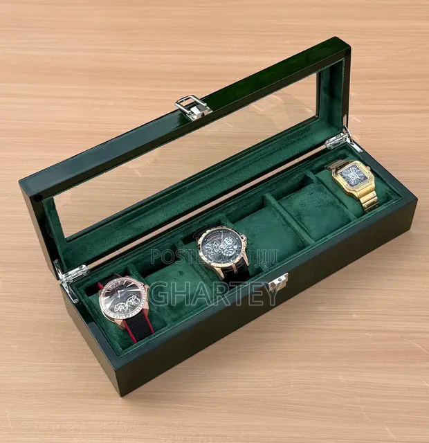 Luxury 6-Slot Wooden Watch Organizer - Green - 1