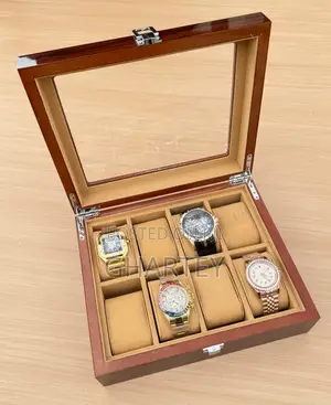 8 Brown Wooden Watch Organizer with Glass Lid
