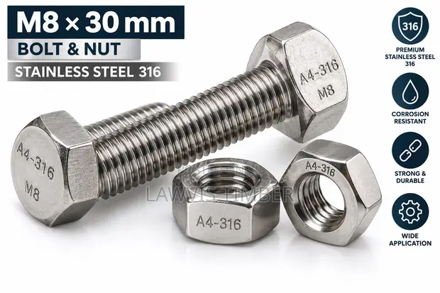 M8 x 30mm Stainless Steel 316 Bolt & Nut - 1