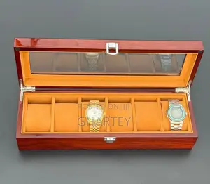 6 Slot Wood & Glass Top Watch Organizer - Brown