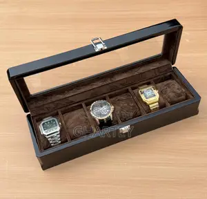 6 Slot Wooden Watch Organizer with Glass Lid - Coffee Brown