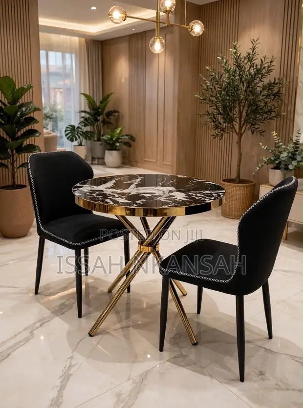 Round Black Glass Dining Table and 2 Chairs - 1