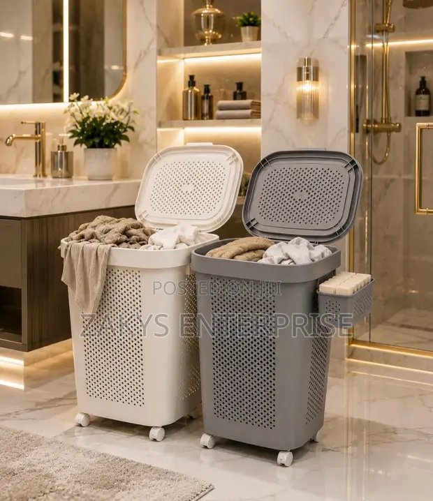 Laundry Basket with Wheels and Side Basket - 1