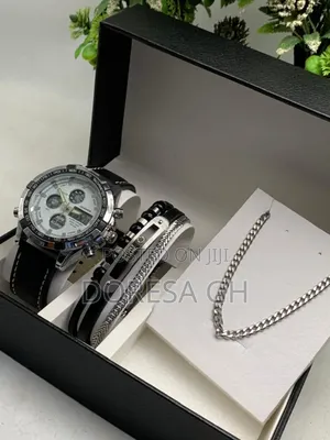 Joefox Men's Leather Watch, Bracelet & Necklace Set