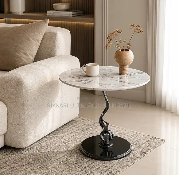 Modern Round Side Table with Marble-Patterned Top - 1