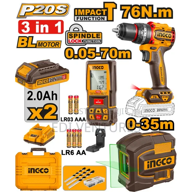 Ingco Cordless Drill 76Nm with 2 Batteries & Laser Tools - 1
