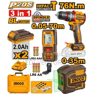 Ingco Cordless Drill 76Nm with 2 Batteries & Laser Tools
