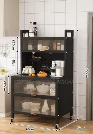 Modern Kitchen Storage Cabinet with Wheels and Glass Doors