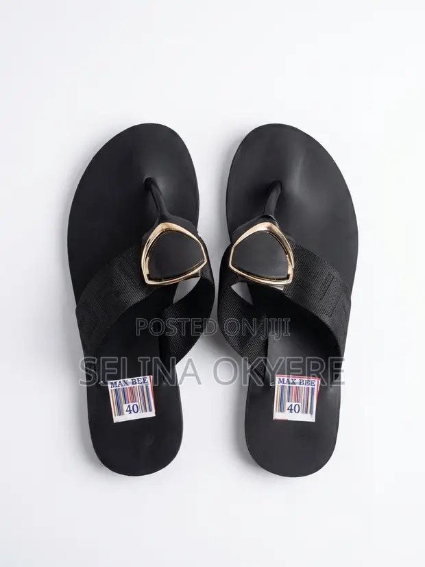 Brand New Women's Black Thong Slippers with Gold Buckle - Size 40 - 1