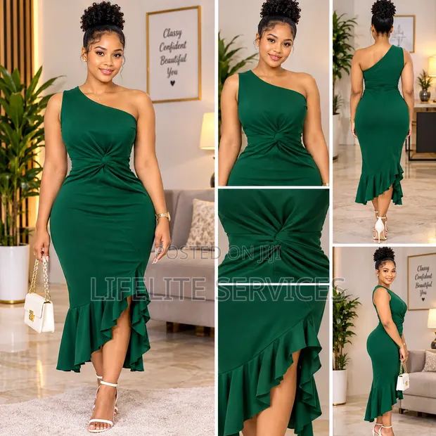 INAWLY Women's Elegant Slim Fit Neck Ruffled Hem Slit Midi Dress - 1