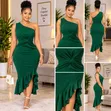 INAWLY Women's Elegant Slim Fit Neck Ruffled Hem Slit Midi Dress - 1