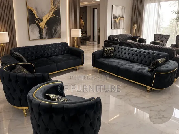 Luxury Velvet Sofa Set - Black with Gold Accents - 1