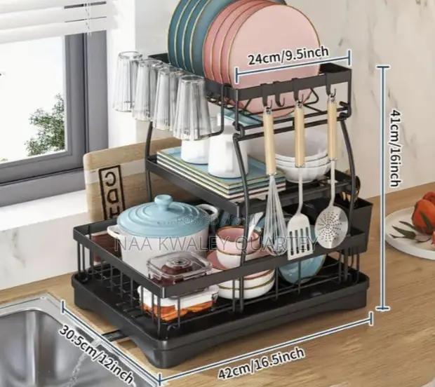 Akt 3-Tier Dish Drainer Rack with Utensil Holder - Black - 1
