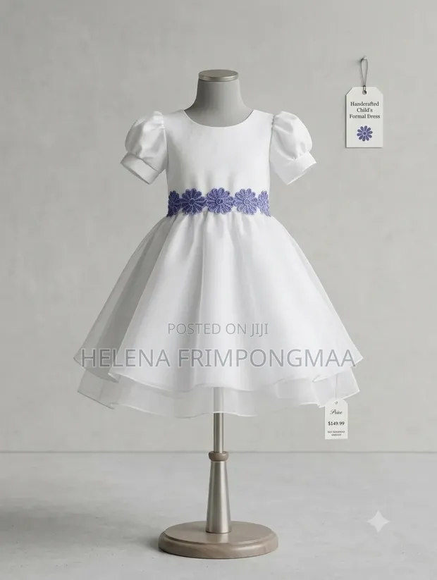 Child's Formal Dress - White with Blue Floral Waistband - 1