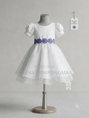 Child's Formal Dress - White with Blue Floral Waistband