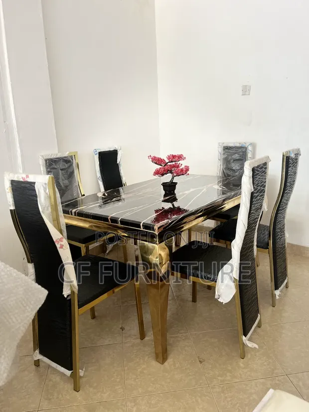 Royal Comfort 6-Seater Black Marble Gold Dining Table Set - 1