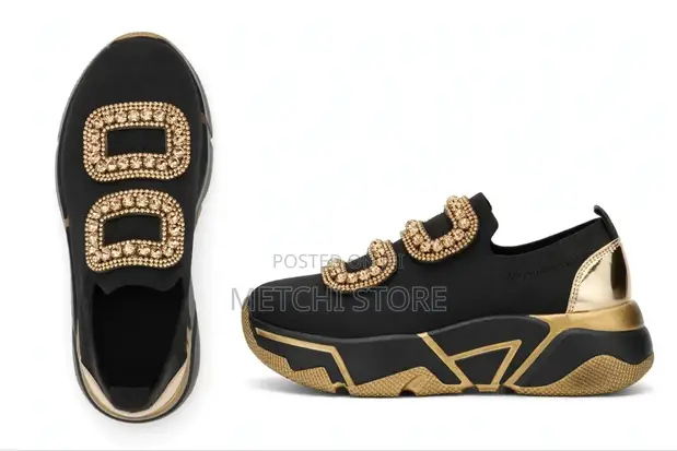 Unisex Slip-On Loafers - Black Fabric with Gold Buckle - 1