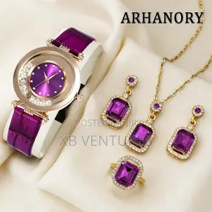 Women's Purple Quartz Watch with Necklace, Earrings, and Ring Set