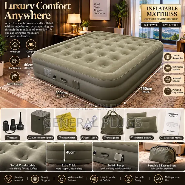 Premium Inflatable Double Air Mattress with Automatic Pump - 1