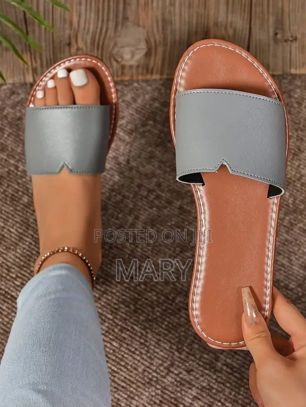 Lady's Grey Strap & Brown Sole Faux Leather Slippers - Size 38 - 1