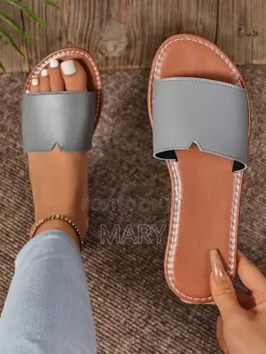 Lady's Grey Strap & Brown Sole Faux Leather Slippers - Size 38