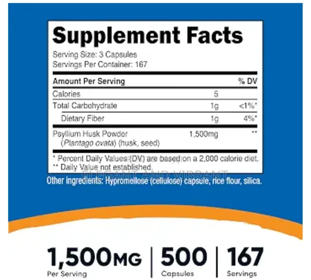 Psyllium Husk 1500mg, 500 Capsules, Gluten-Free, GMO-Free - 1