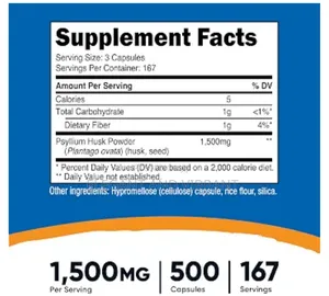 Psyllium Husk 1500mg, 500 Capsules, Gluten-Free, GMO-Free