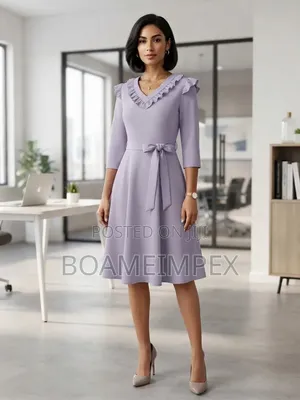 Ladies Office Wear V-Neck A-Line Midi Dress with Belt
