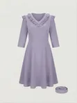 Ladies Office Wear V-Neck A-Line Midi Dress with Belt - 2