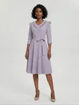 Ladies Office Wear V-Neck A-Line Midi Dress with Belt - 3