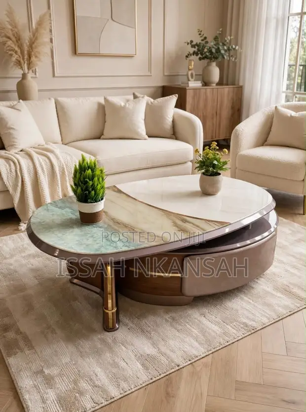 Oval Tri-Color Marble Top with Taupe Wood Base - 1