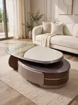 Oval Tri-Color Marble Top with Taupe Wood Base - 3