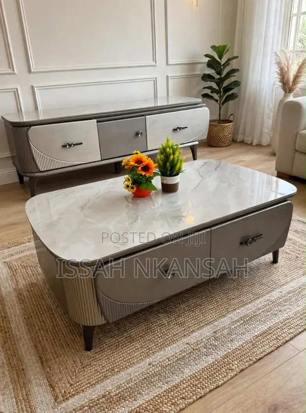 Dark Grey Marble Coffee Table with Gold Accents - 1