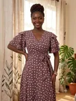 Ladies Polka Dot Brown and White Dress - 2