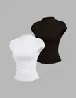 SHEIN Basic High Neck Tops - White & Dark Coffee - 1